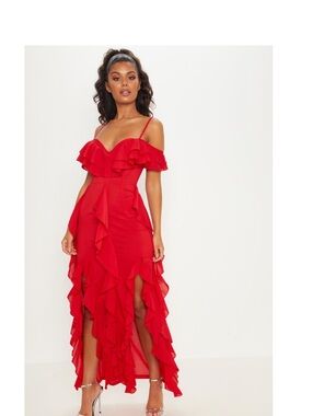 PLT Red Ruffled Off-Shoulder Maxi Dress